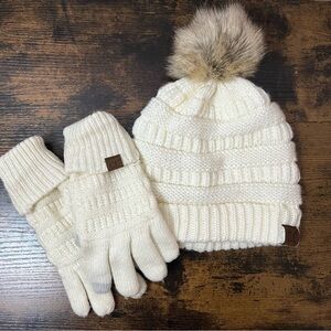 C.C Cream Knit Winter Beanie Hat w/ Faux Fur Pom & Matching Gloves